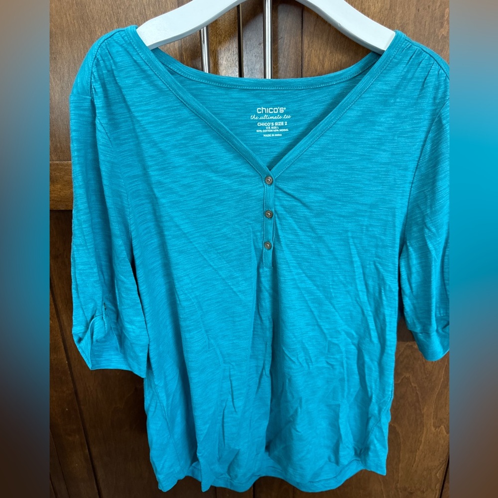 Chico's Pagoda Blue Cotton Slub Top